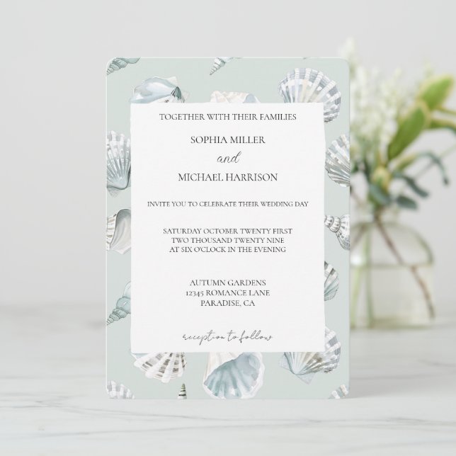 Chic Mint Blue Beach Shells Wedding Invitation (Standing Front)
