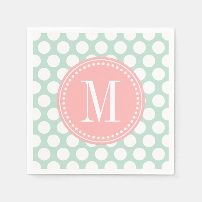 Chic Mint & Blush Pink Big Dots Monogrammed Napkin (Front)