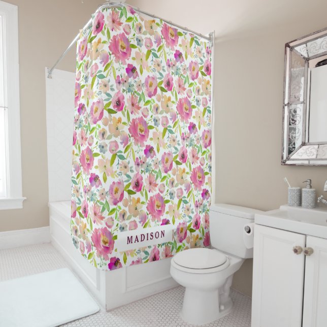 Chic Mint & Blush Pink Watercolor Floral Monogram (In Situ)