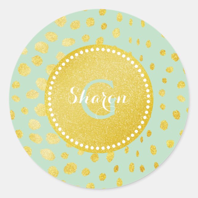 Chic mint faux gold glitter cheetah print monogram classic round sticker (Front)