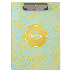 Chic mint faux gold glitter cheetah print monogram clipboard