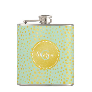 Chic mint faux gold glitter cheetah print monogram hip flask