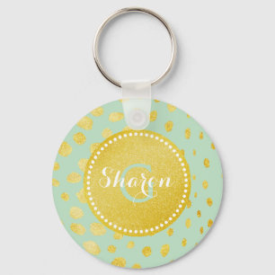 Chic mint faux gold glitter cheetah print monogram keychain