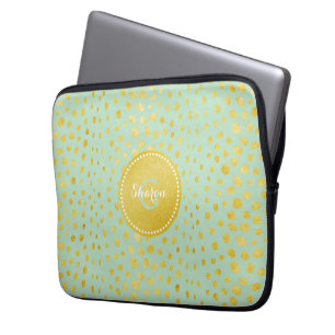Chic mint faux gold glitter cheetah print monogram laptop sleeve