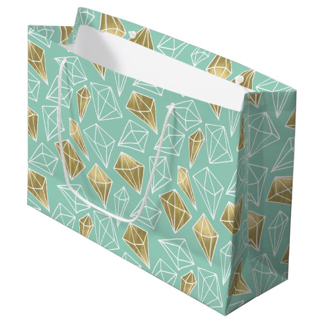 Chic Mint Gold Diamonds Birthday Large Gift Bag (Front Angled)