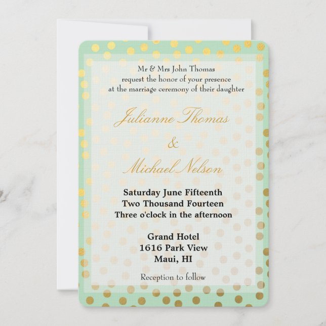 Chic Mint Gold Dots Wedding Invitation (Front)