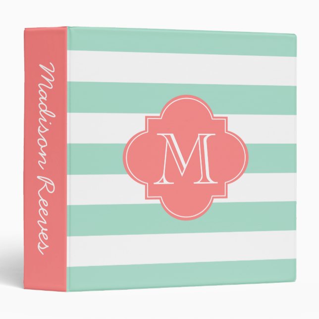 Chic Mint Green and Coral Striped Custom Monogram Binder (Front/Spine)