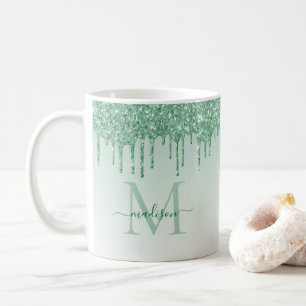 Chic Mint Green Glitter Sparkle Monogram Script Coffee Mug