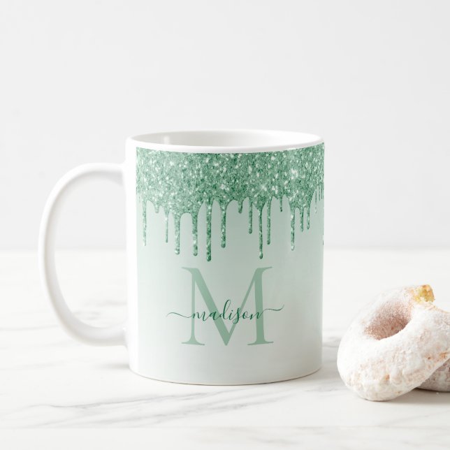 Chic Mint Green Glitter Sparkle Monogram Script Coffee Mug (With Donut)