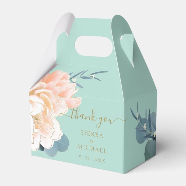 Chic Mint Green Gold Blush Peach Floral Wedding Favor Box (Front Side)
