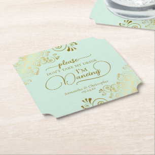 Chic Mint Green & Gold Don't Take My Drink Wedding Paper Coaster