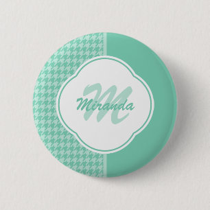 Chic Mint Green Houndstooth With Monogram and Name 2 Inch Round Button