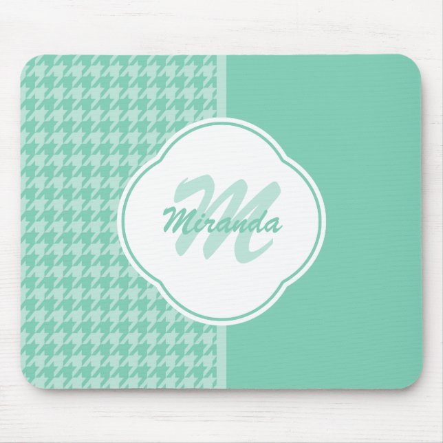 Chic Mint Green Houndstooth With Monogram and Name Mouse Pad (Front)