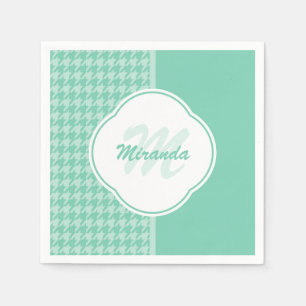 Chic Mint Green Houndstooth With Monogram and Name Napkin