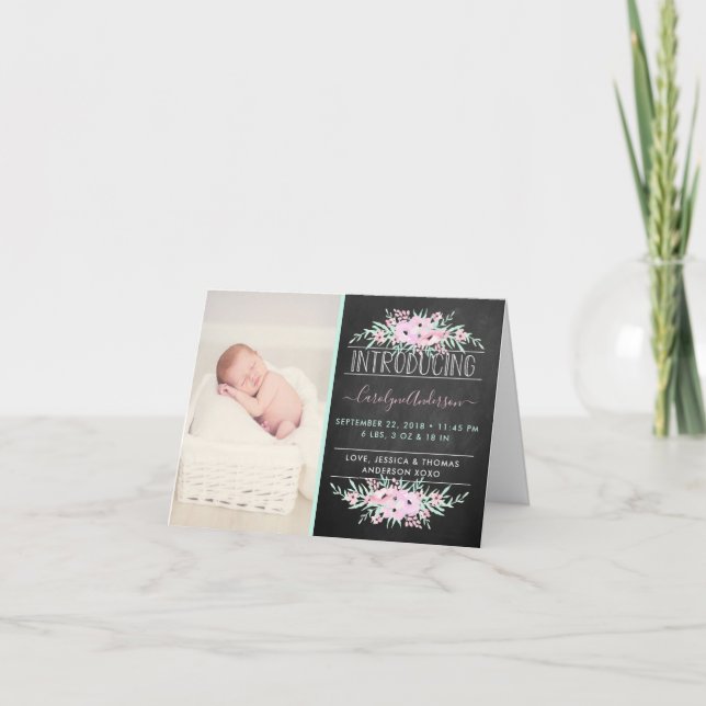 Chic Mint Green & Pink Flowers Birth Announcement (Front)