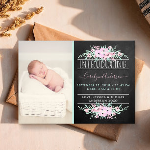 Chic Mint Green & Pink Flowers Birth Announcement