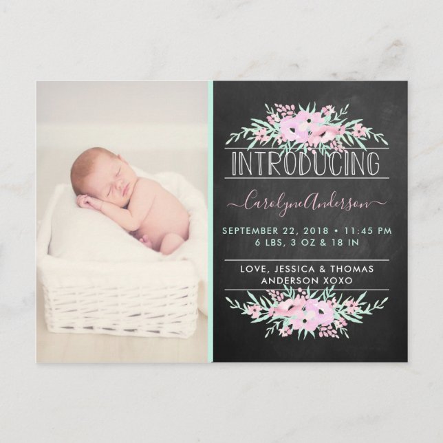 Chic Mint Green & Pink Flowers Birth Announcement (Front)