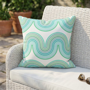 Chic Mint Green Turquoise Blue White Wave Pattern Outdoor Pillow