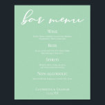 Chic Mint Green Typography Wedding Bar Menu Poster<br><div class="desc">This soft mint green wedding bar menu poster features chic white typography for a sweet spring outdoor ceremony. Simple and elegant script on tranquil solid pastel green prints for a garden reception.</div>