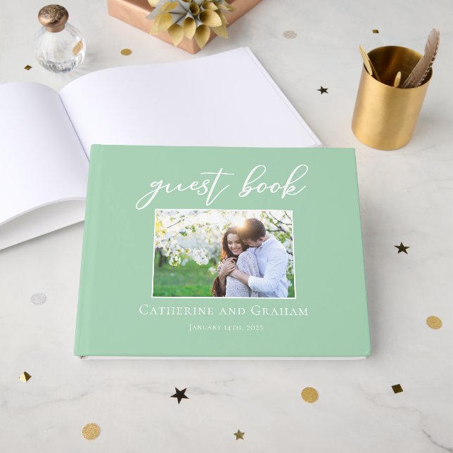 Chic Mint Green Wedding Couple Photo Guest Book (Front Open)