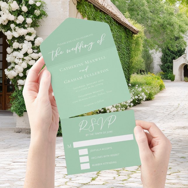 Chic Mint Green White Garden Wedding All In One Invitation (Creator Uploaded)