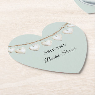 Chic Mint Green White Hearts Bridal Shower Paper Coaster