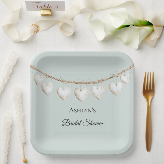 Chic Mint Green White Hearts Bridal Shower Paper Plate (Wedding)