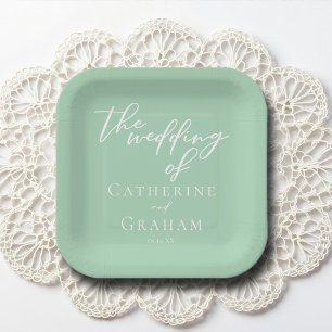 Chic Mint Green White Personalized Wedding Paper Plate