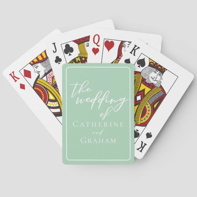 Chic Mint Green White Personalized Wedding Playing Cards (Back)