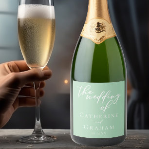 Chic Mint Green White Personalized Wedding Sparkling Wine Label