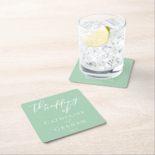 Chic Mint Green White Personalized Wedding Square Paper Coaster