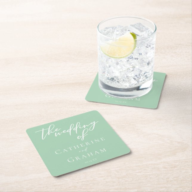 Chic Mint Green White Personalized Wedding Square Paper Coaster (Insitu)