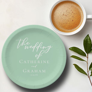 Chic Mint Green White Script Personalized Wedding Paper Plate