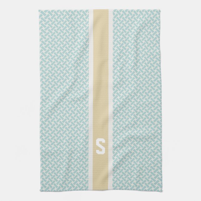 Chic mint herringbone geometric patterns monogram kitchen towel (Vertical)