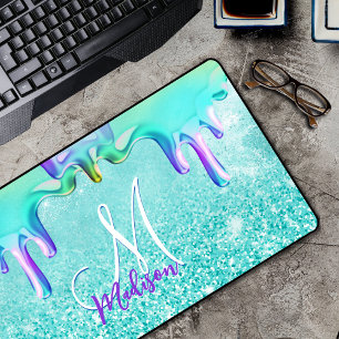 Chic mint ombre glitter unicorn drips monogram desk mat