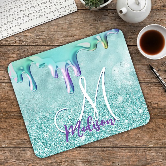 Chic mint ombre glitter unicorn drips monogram mouse pad (Creator Uploaded)