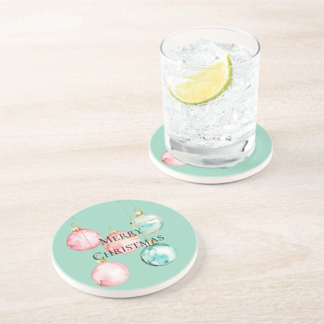 Chic Mint Pink Gold Christmas Ornaments Coaster (Side)