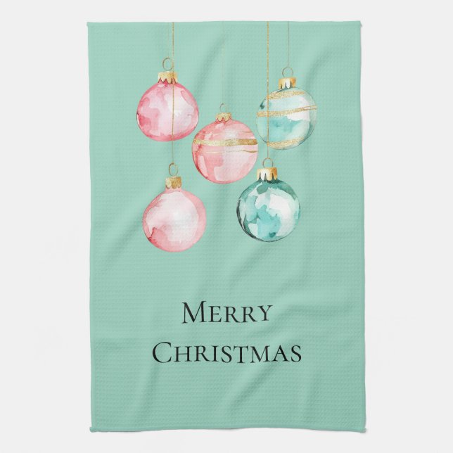 Chic Mint Pink Gold Christmas Ornaments Kitchen Towel (Vertical)