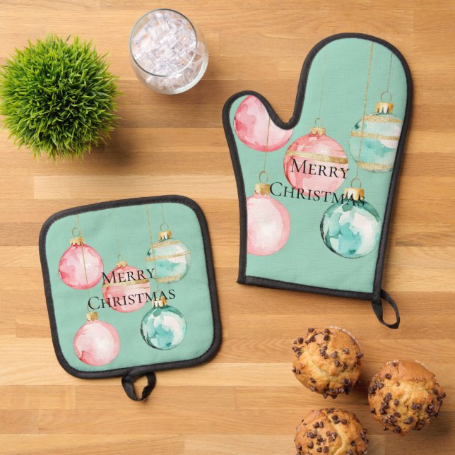 Chic Mint Pink Gold Christmas Ornaments Oven Mitt & Pot Holder Set (Top Down)