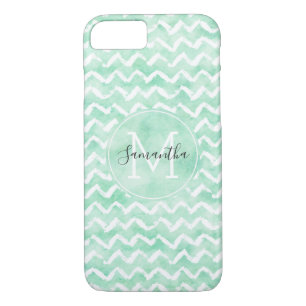 Chic Mint Watercolor Chevron Stripes Monogram iPhone 8/7 Case
