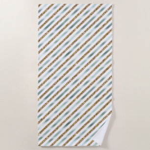 Chic Mint White Gold Glitter Stripes Beach Towel