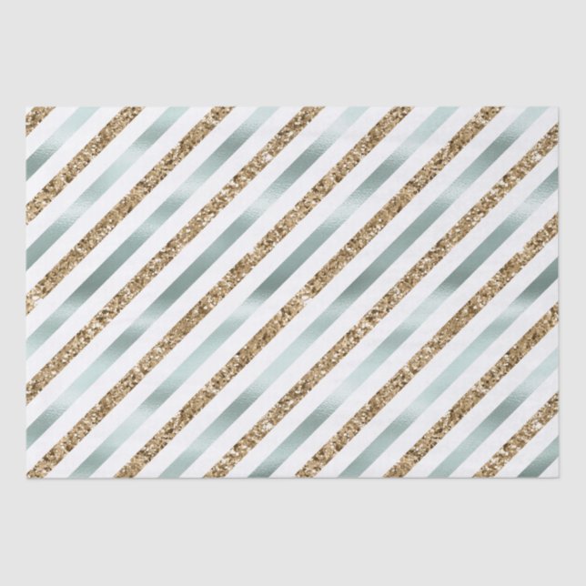 Chic Mint White Gold Glitter Stripes   Tissue Paper (Front)