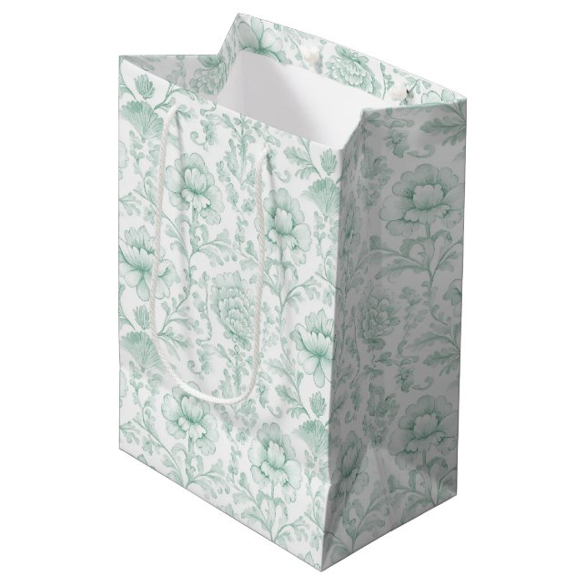 Chic Mint White Peach Floral Wedding Medium Gift Bag (Front Angled)