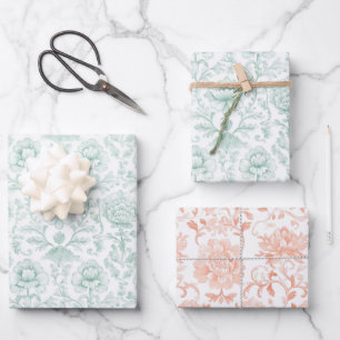 Chic Mint White Peach Floral Wedding Wrapping Paper Sheet