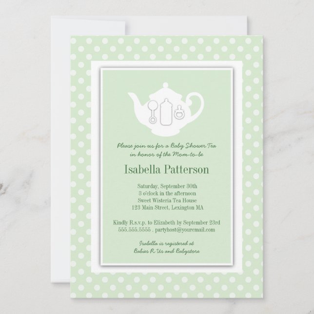 Chic Mint | White Teapot Baby Shower Tea Party Invitation (Front)