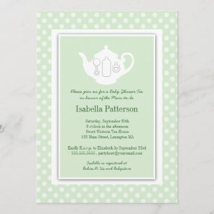 Chic Mint White Teapot Baby Shower Tea Party Invitation