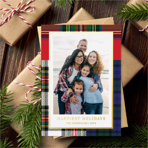 Chic Mixed Tartan + Gold Christmas Photo Foil Holiday Card
