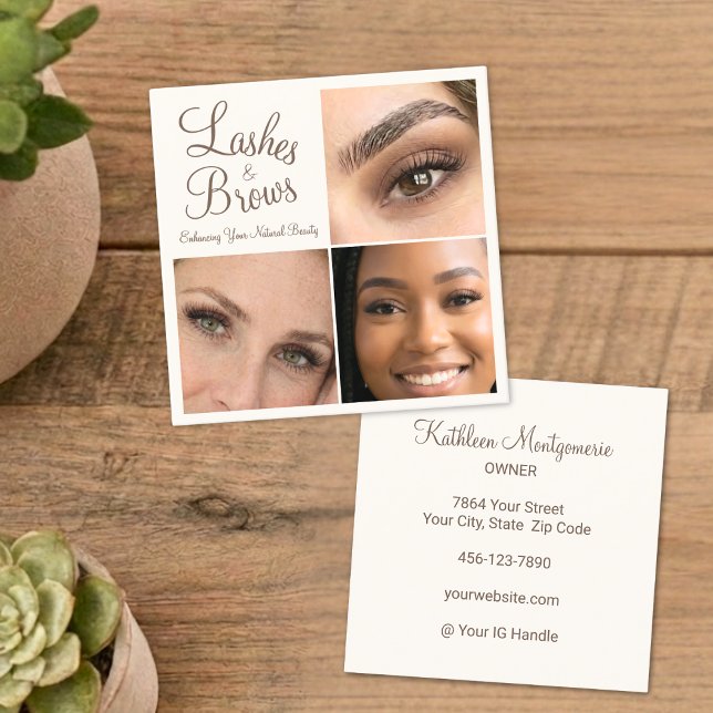 Chic Mocha Brown Cream Script 3 Photo Lashes Brows Square Business Card (Creator Uploaded)