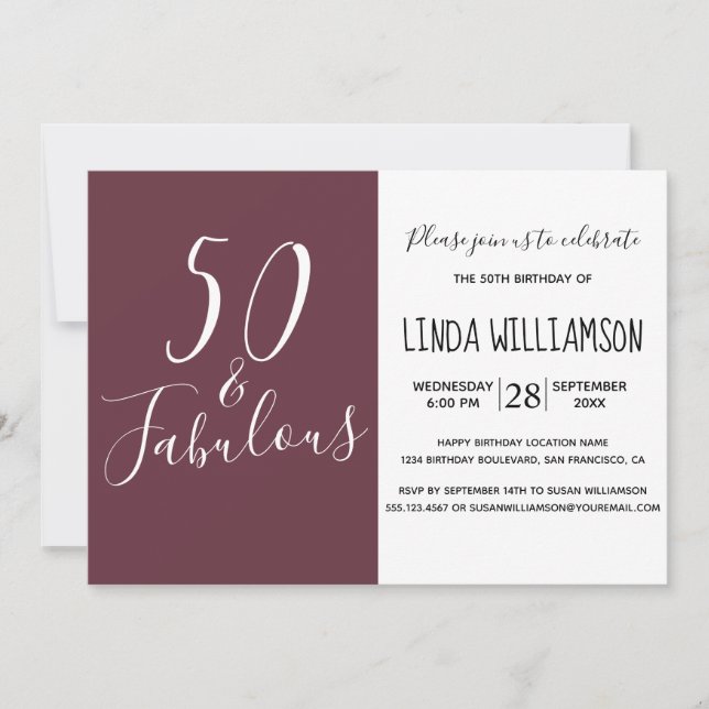 Chic Modern 50 Fabulous Burgundy 50th Birthday Invitation (Front)