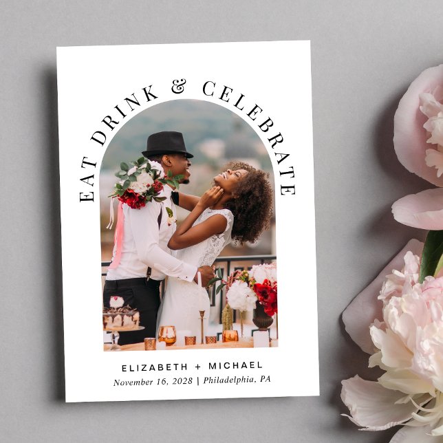 Chic Modern Arch Photo Wedding Reception Invitation (Celebrate your love story with a reception invitation showcasing your photo in an elegant arch frame)